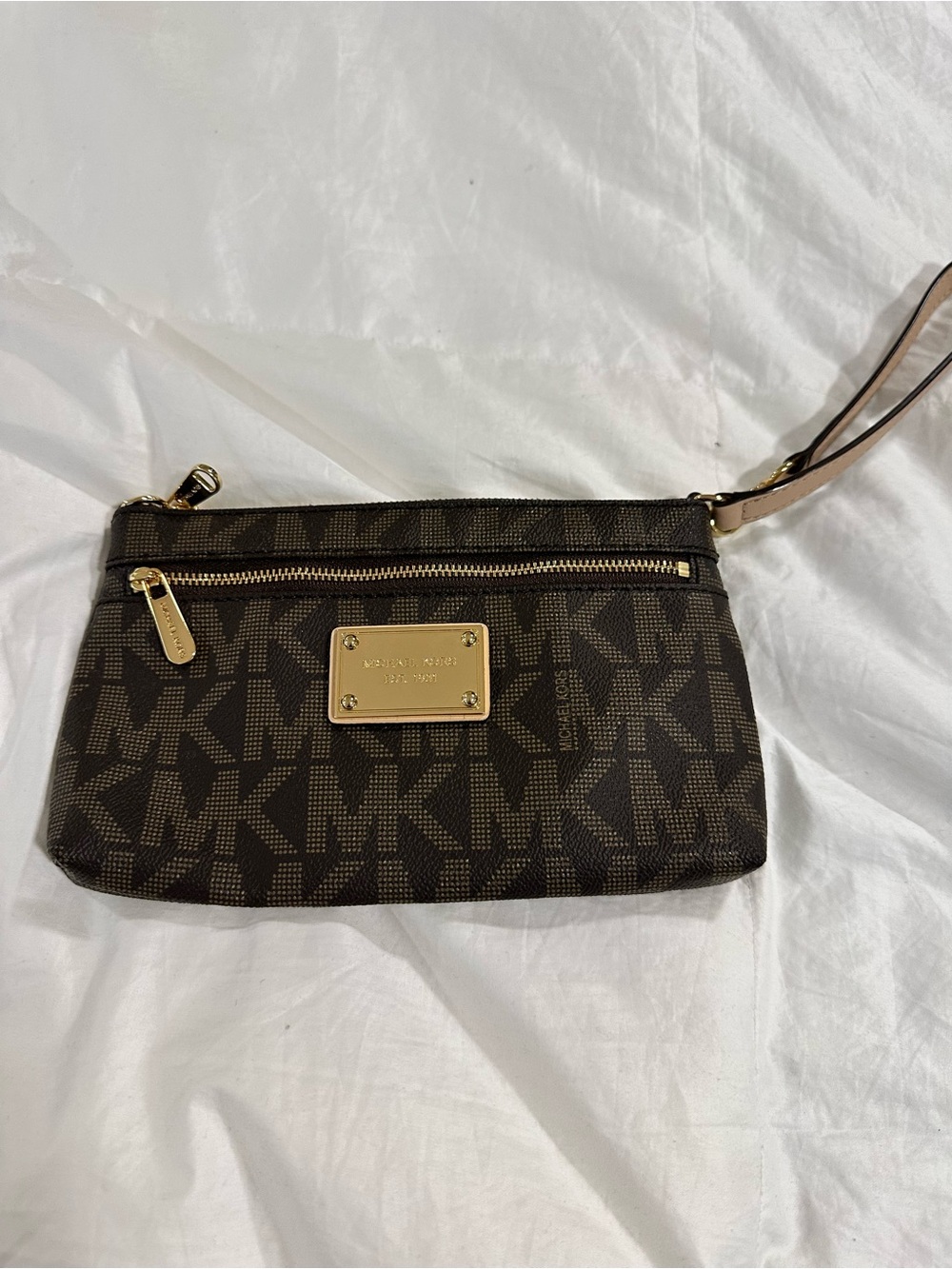 Michael Kors Brown Signature MK Wristlet Clutch with Gold Plate